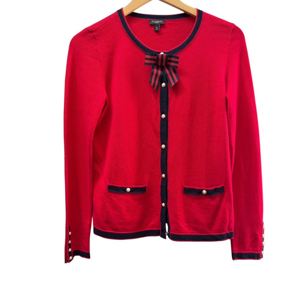 Talbots Petites‎ Red Cardigan Sweater Navy Trim Pearl Buttons Bow Small Petite